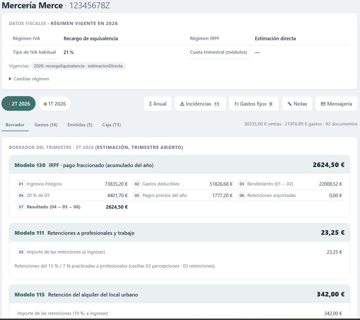 Ficha de un cliente con su borrador fiscal del trimestre